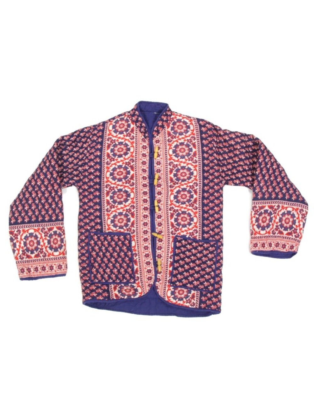 Vintage Quilted Floral Block Print Blue Red Jacket Toggle Button sz S/M /919